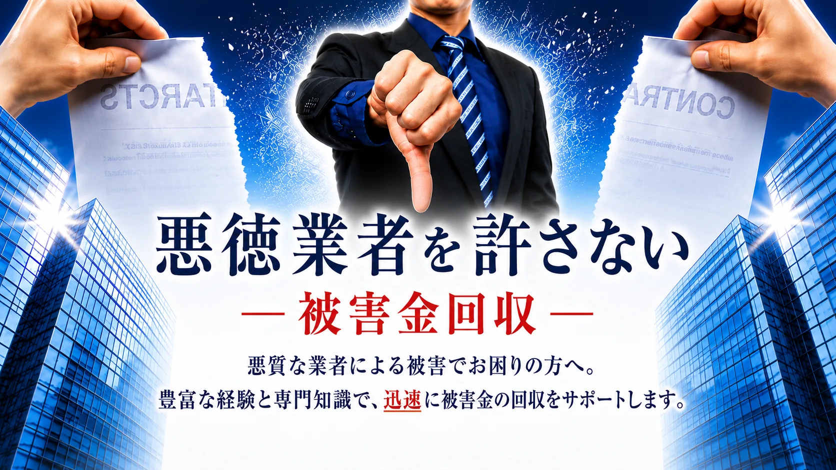 悪徳業者を許さない 被害金回収。悪質な業者による被害でお困りの方へ。豊富な経験と専門知識で、迅速に被害金の回収をサポートします。